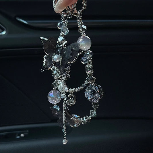 Clear Pearl Black Butterfly Phone Charm Chain