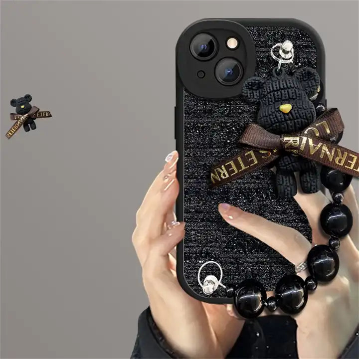iPhone Series Plush Bear Beaded Chain Phone Case