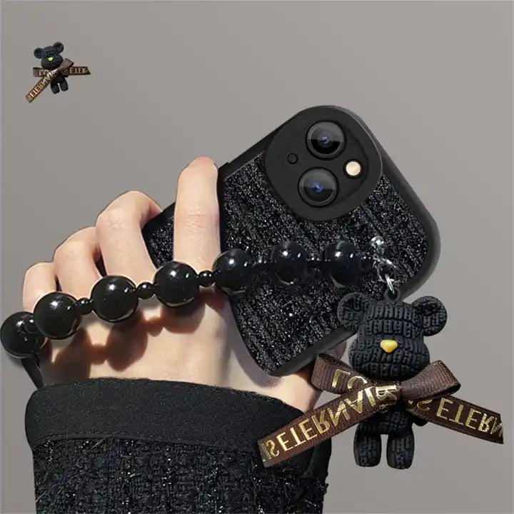 iPhone Series Plush Bear Beaded Chain Phone Case