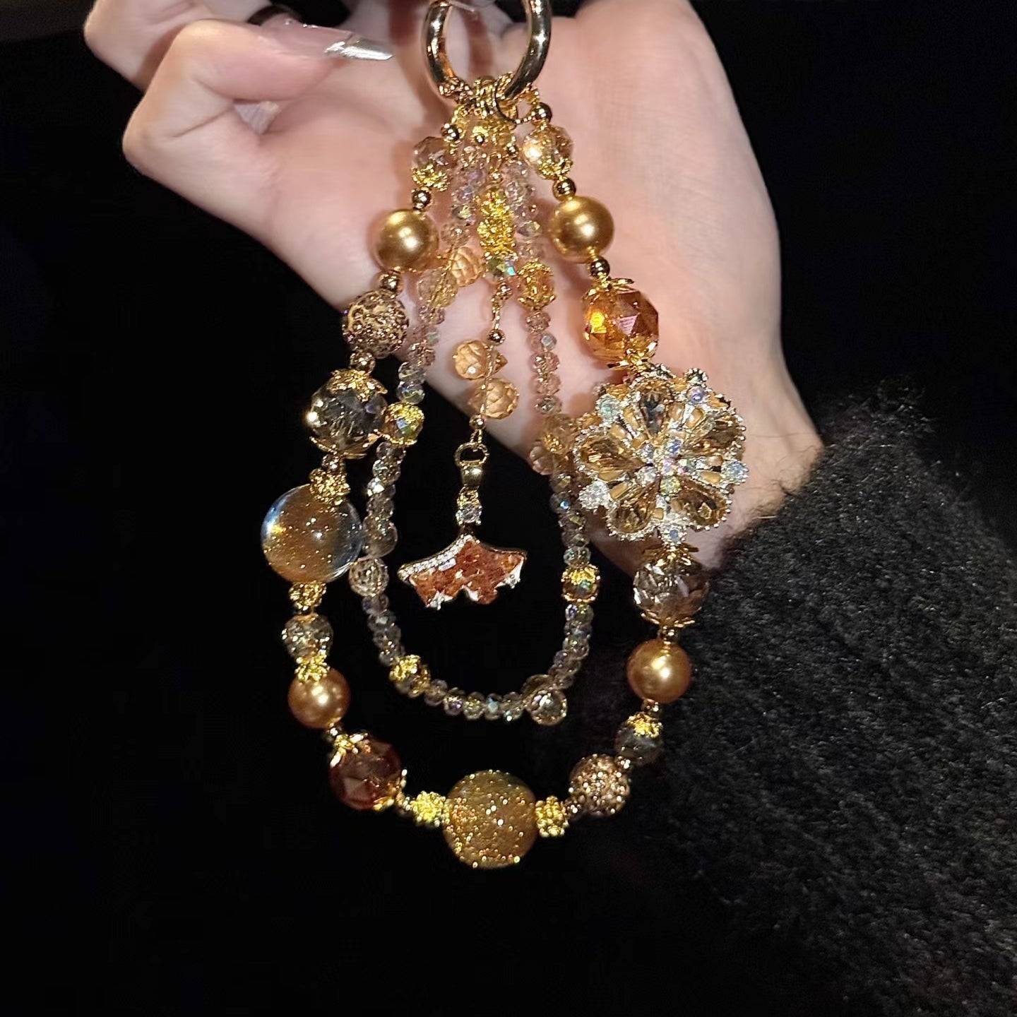Bronze Rhinestone Pearl Phone Charm Chain