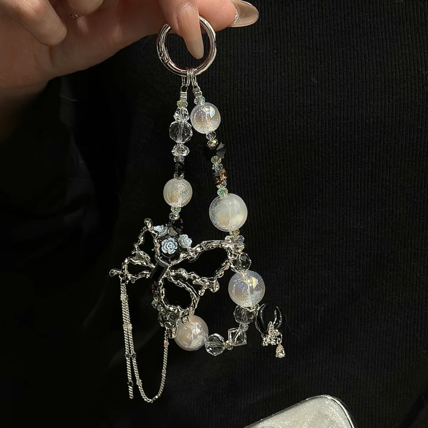 White Pearl Silver Butterfly Phone Charm Chain