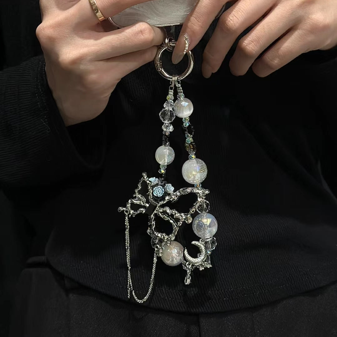 White Pearl Silver Butterfly Phone Charm Chain