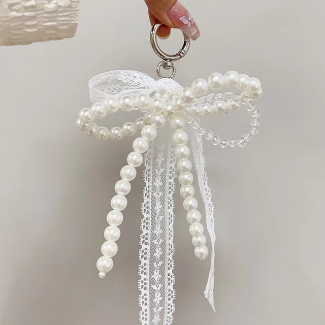 Cute Pearl Lace White Bow Phone Charm Chain