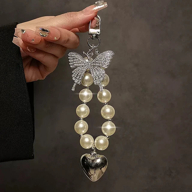Studded Butterfly Pearl Phone Charm Chain
