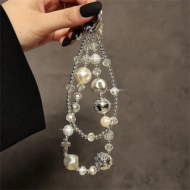 Luxury Retro Rhinestone Pearl Beaded Keychain Phone Charm